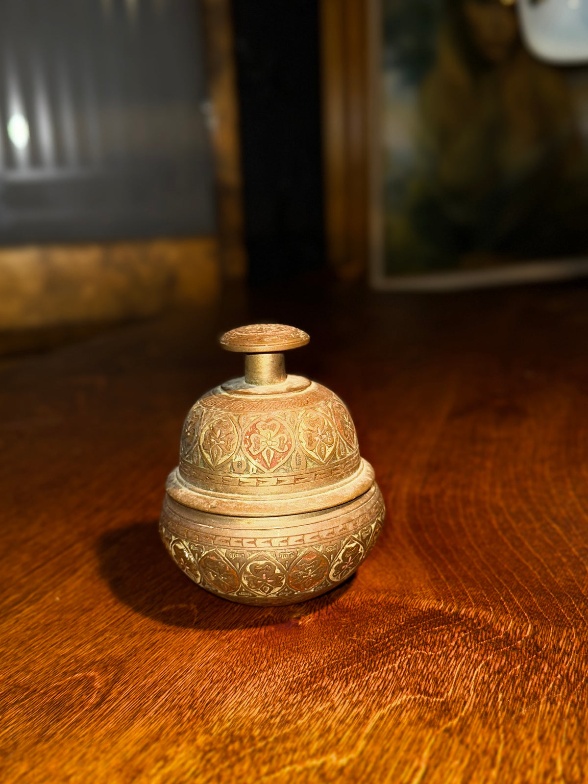 Indian Brass “Elephant Claw” Ritual Bell with Clapper & Stand c.1950–1975