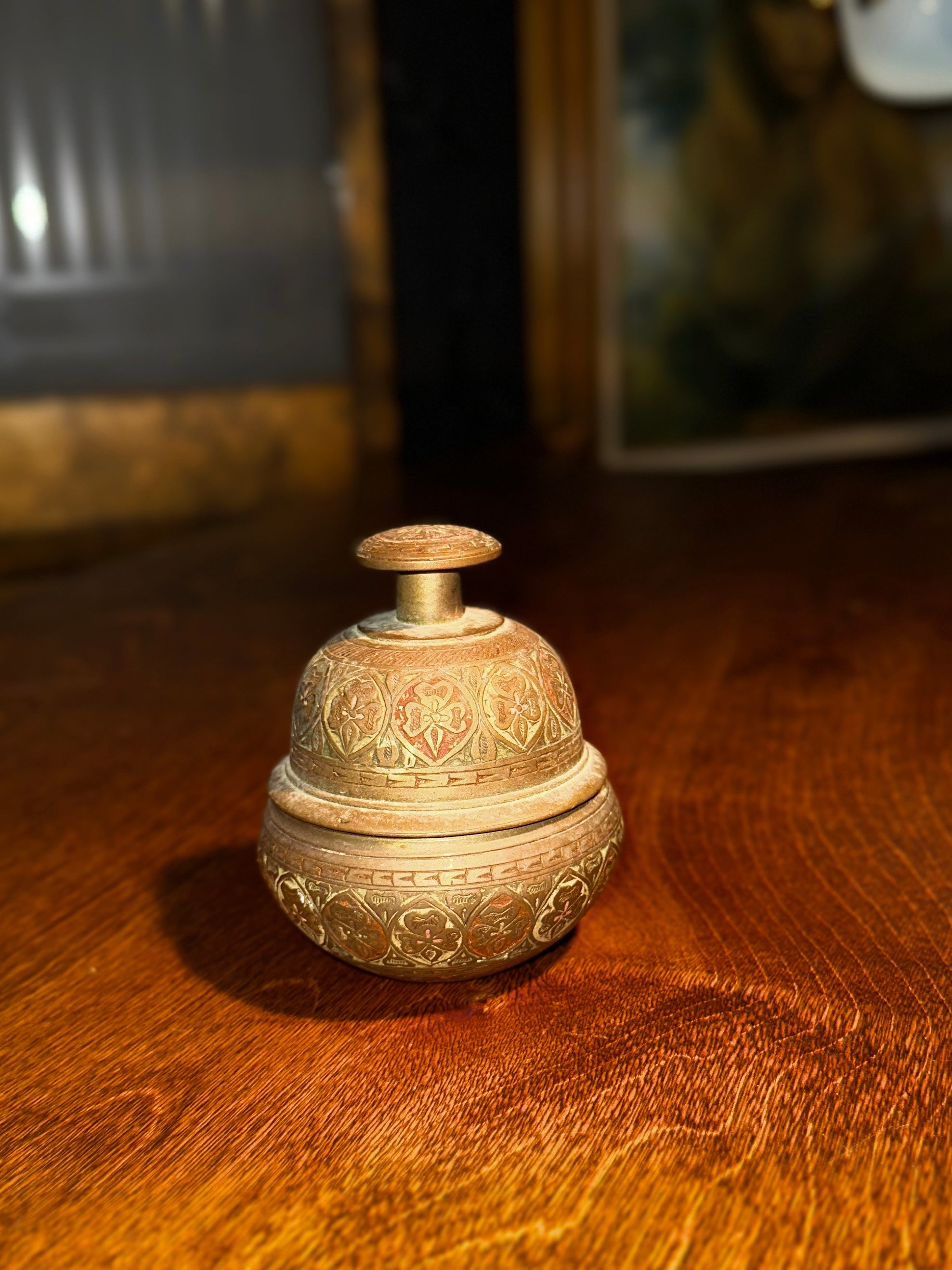 Indian Brass “Elephant Claw” Ritual Bell with Clapper & Stand c.1950–1975