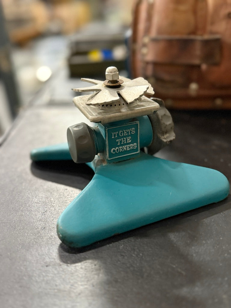 1960s Square Spray Turquoise Metal Lawn Sprinkler