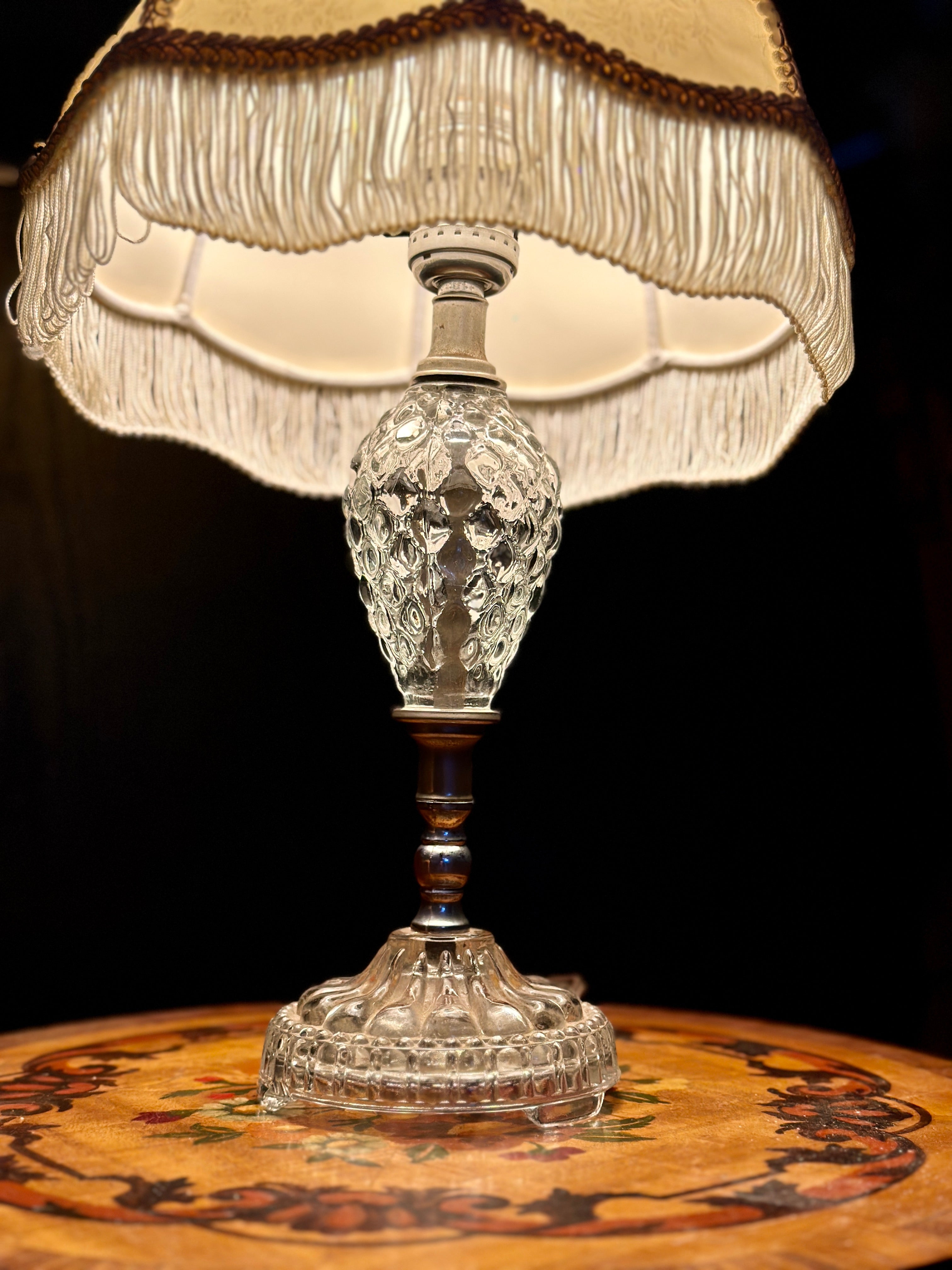 Vintage Pressed Glass Boudoir Table Lamp with Fringe Shade | Victorian Revival Accent Lamp