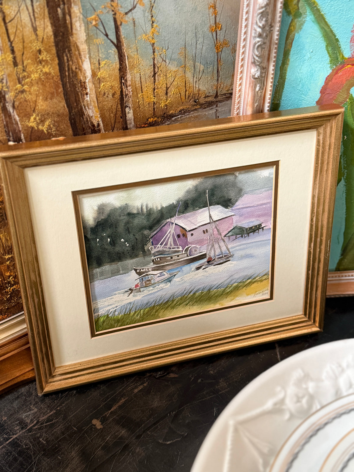 Original Watercolour Harbour Scene with the Seiner Eagle, Signed Lorraine, Double Matted in Gilt, 2004