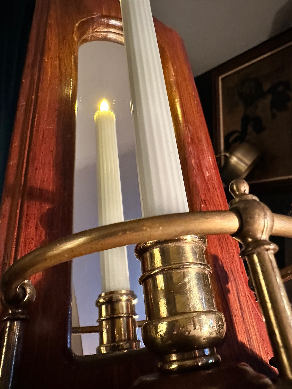 Italian Mirrored Wall Candle Sconce, c. 1950s–1960s | Federal Revival Wood & Brass Candleholder