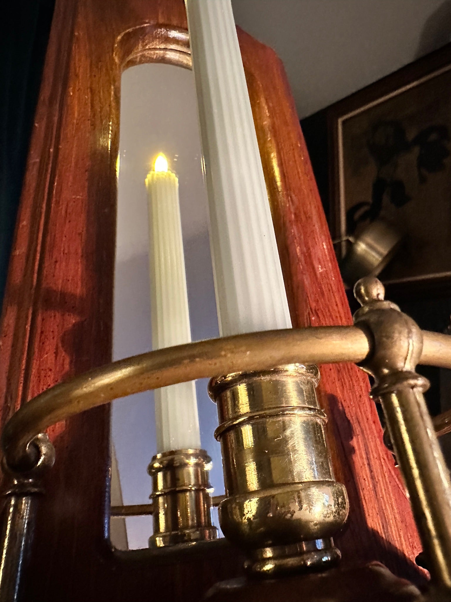 Italian Mirrored Wall Candle Sconce, c. 1950s–1960s | Federal Revival Wood & Brass Candleholder