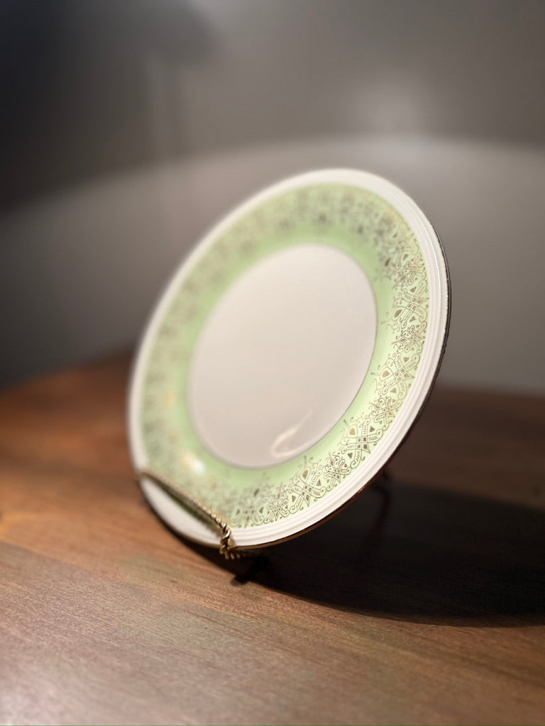 Knowles China “22 Karat Gold” Plate with Green Filigree Border, USA, c. 1940s–1950s