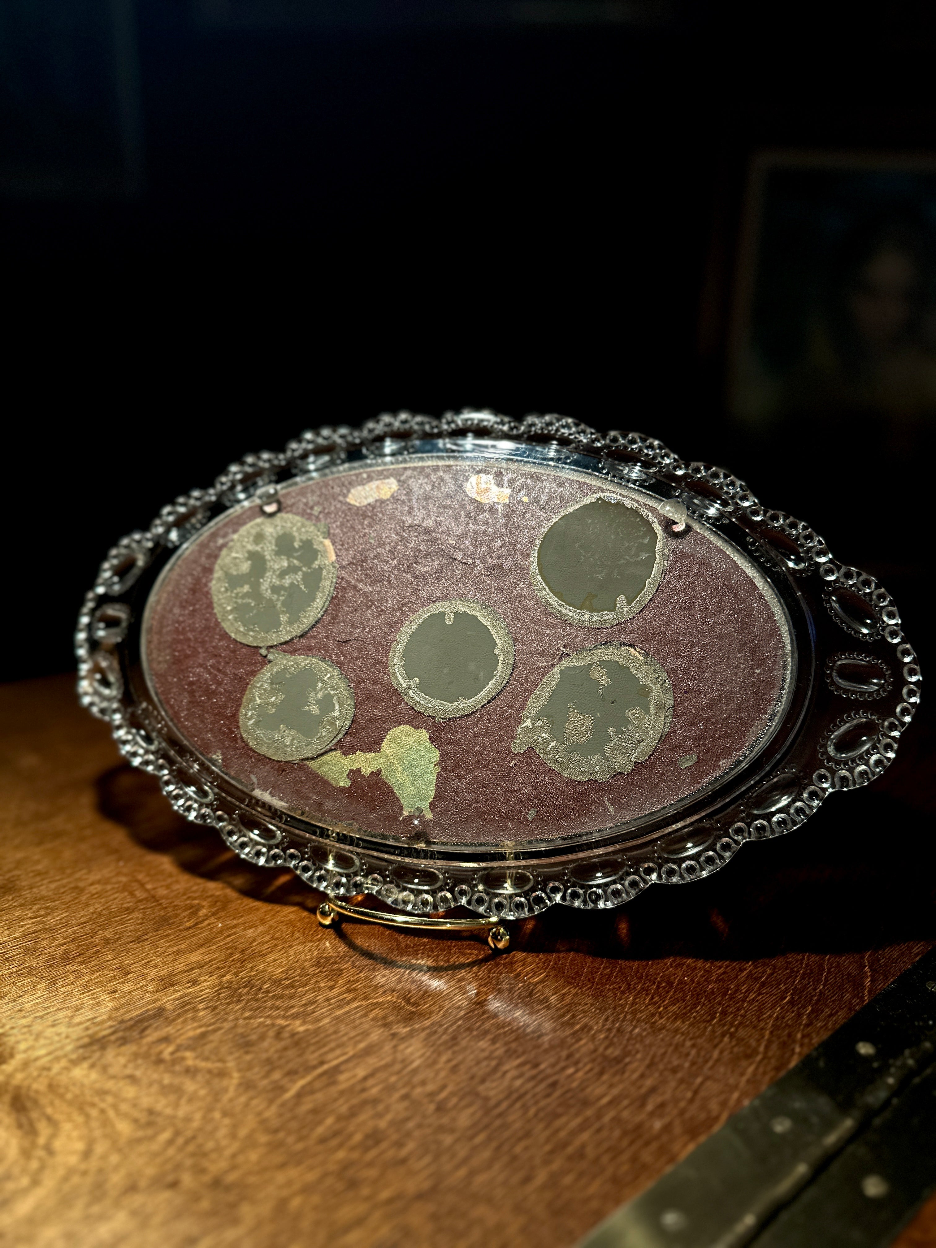 Vintage Oval Glass Vanity Mirror with Beaded Frame | Early 20th Century Tabletop Mirror