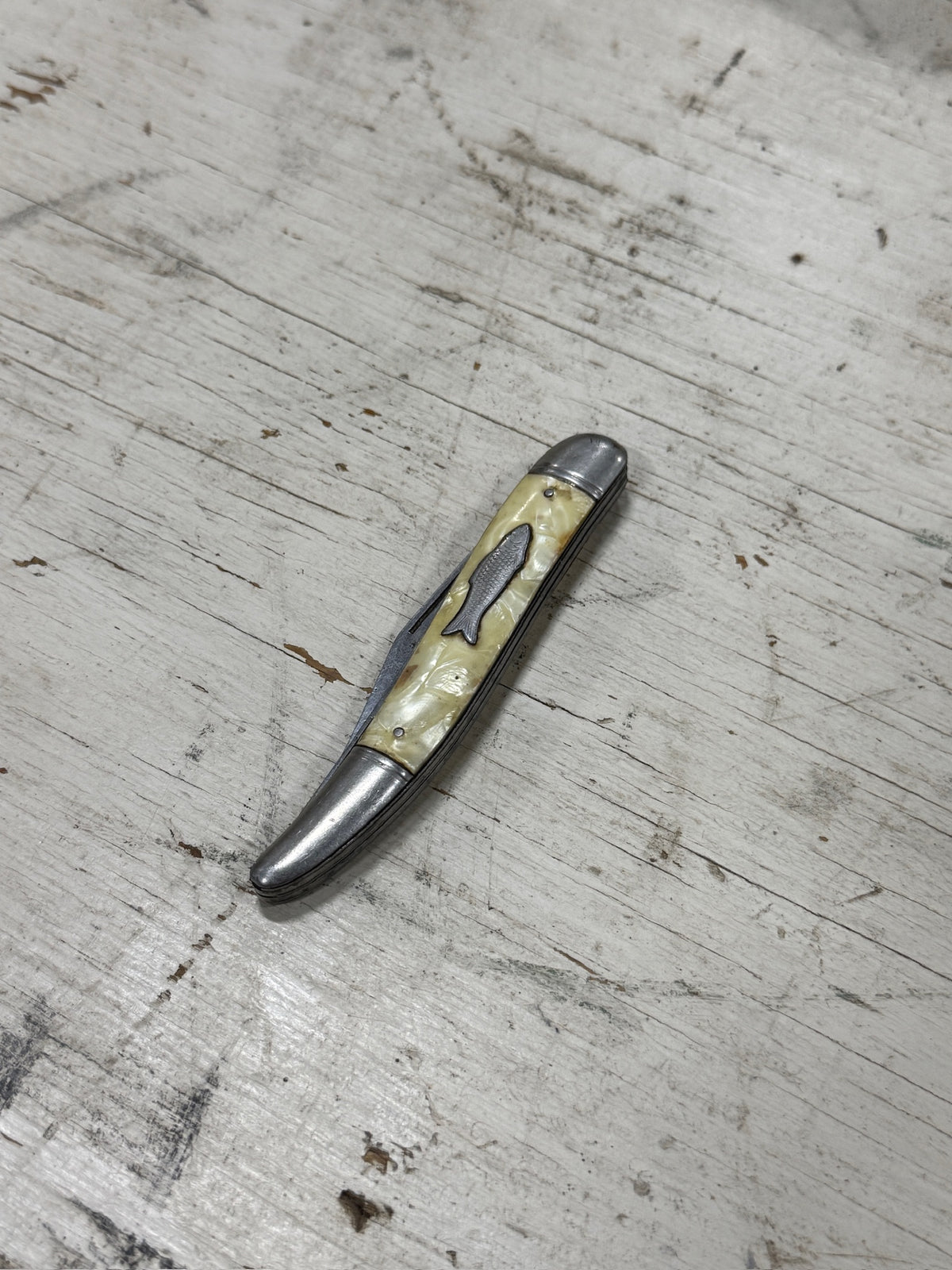 Imperial Fisherman's Toothpick Pocket Knife, Cracked Ice Celluloid with Fish Shield, Providence Rhode Island, c. 1942–1955
