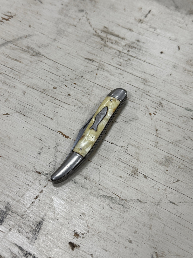 Imperial Fisherman's Toothpick Pocket Knife, Cracked Ice Celluloid with Fish Shield, Providence Rhode Island, c. 1942–1955
