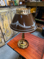 Vintage Brass Candlestick Lamp with Laurel Tole Shade, c. 1965–1985