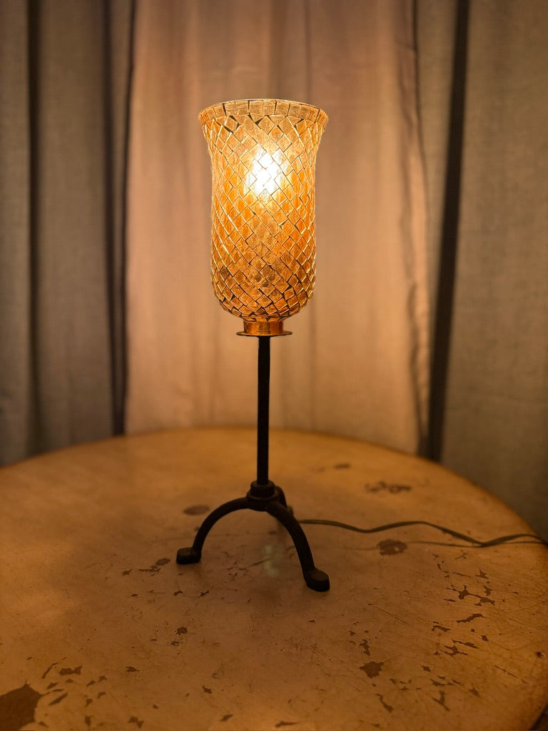 Art Nouveau Amber Mosaic Glass Tulip Lamp on Cast Iron Tripod Base (c.1900–1920)
