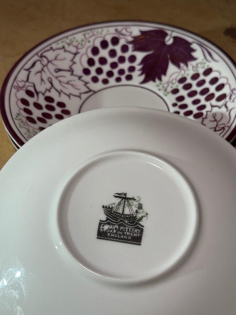 Gray’s Pottery Hand-Painted Grape Saucers, Stoke-on-Trent England c. 1920s–40s (Set of 4)