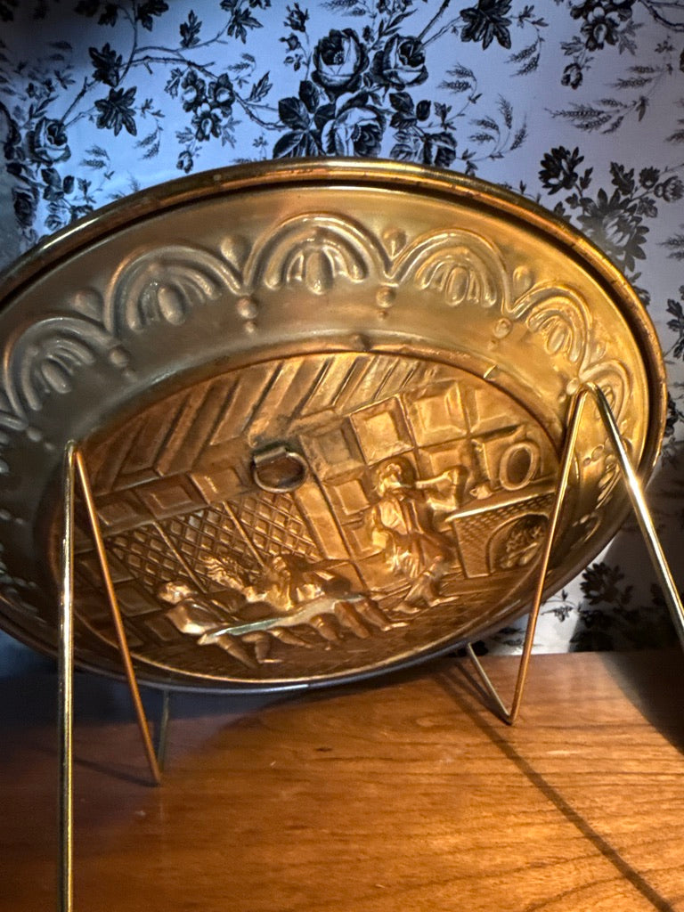 Antique Victorian English Brass Repoussé Tavern Scene Plates (c.1900–1925) | Set Of 2