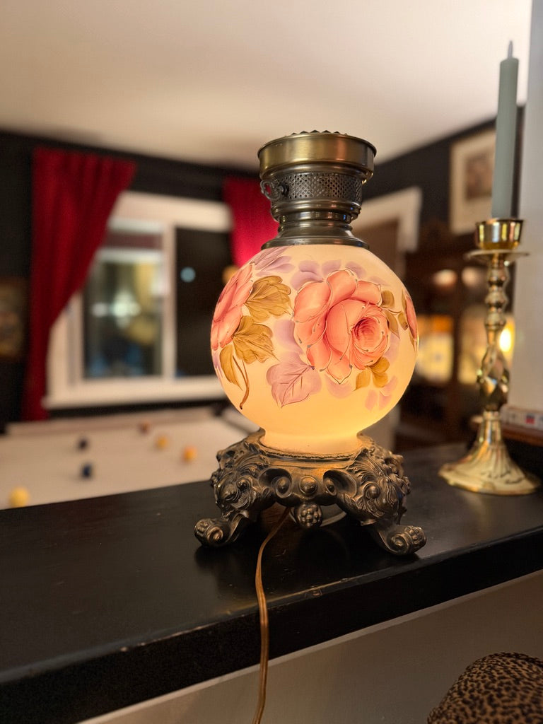 Antique Hand-Painted Glass Oil Lamp c.1885–1910 | Floral Victorian Lamp