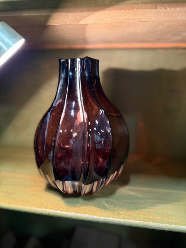 Villeroy & Boch Amethyst Cased Glass Vase, Optic-Moulded Lobes with a Scalloped Rim, Heavy Clear Casing over a Deep Amethyst Core, Acid-Etched Signature to the Base, Germany, c. 1970–1995