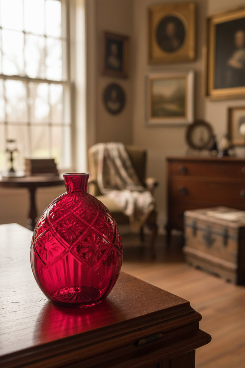 Red glass bottle on a wooden surface with a blurred background