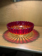 Amberina Pressed Glass Bowl, Ruby Shading to Amber, Vertical Ribs with a Bead-and-Scallop Rim and a Rayed Star Foot, American, c. 1955–1980