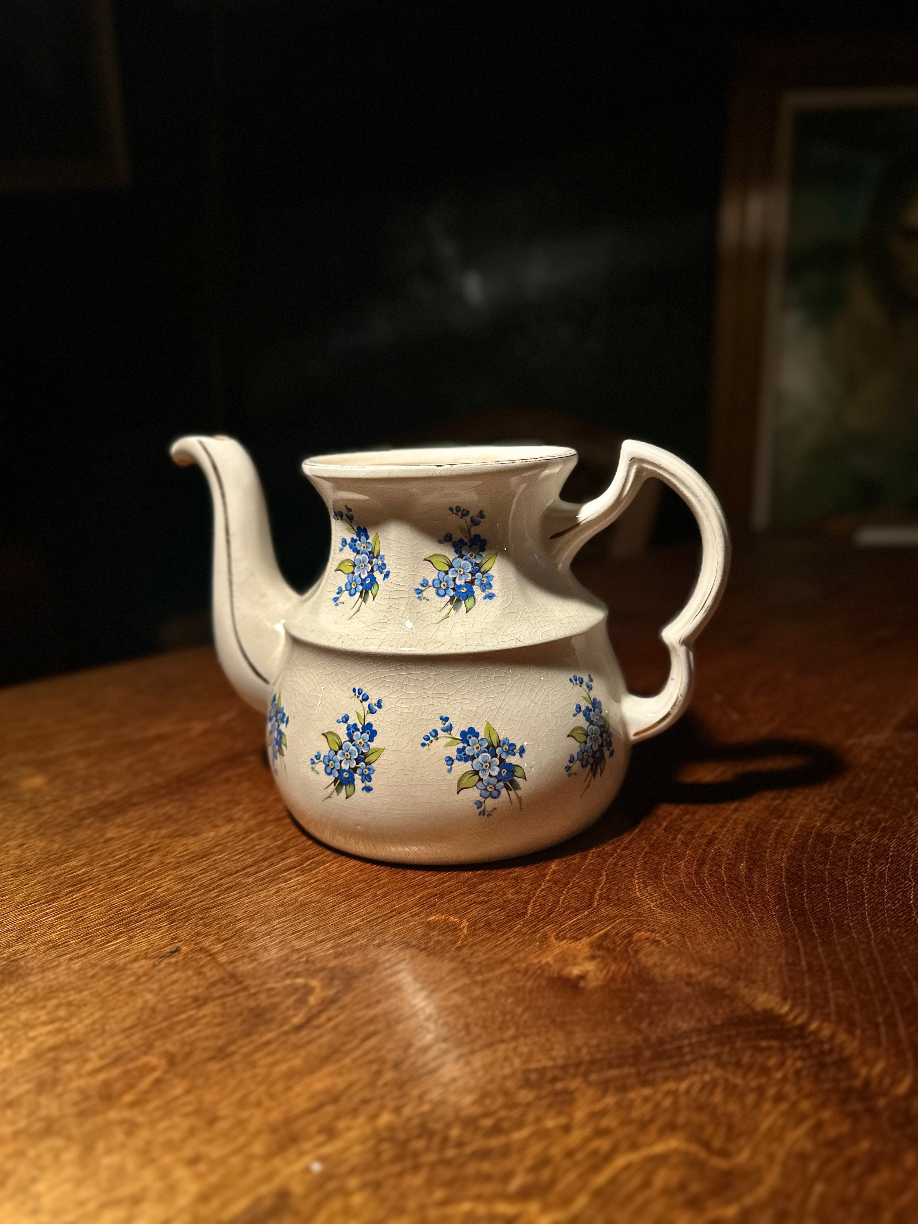 Vintage English Ironstone Teapot by Ellgreave | Forget-Me-Not Floral, 1940s–50s