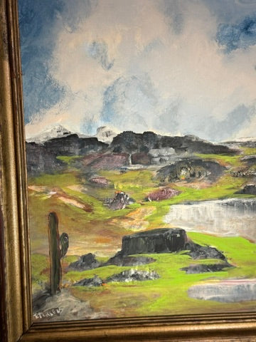 Mid-Century Western Landscape Painting by Einar Petersen | “Black Rock Ranch” Oil on Canvas