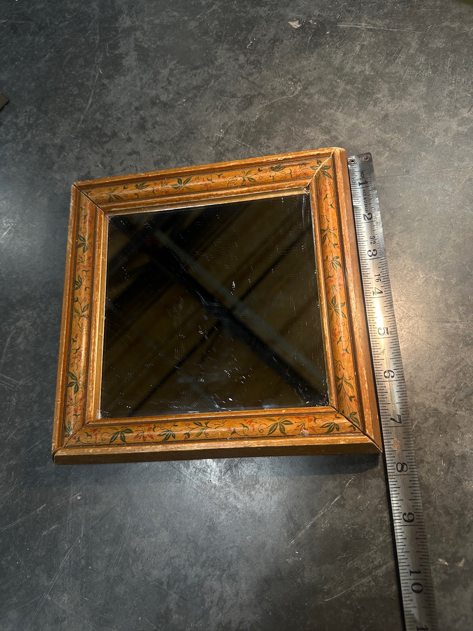 Hand Painted Floral Square Frame Mid Century Mirror, c. 1930s–1950s Vintage Mirror