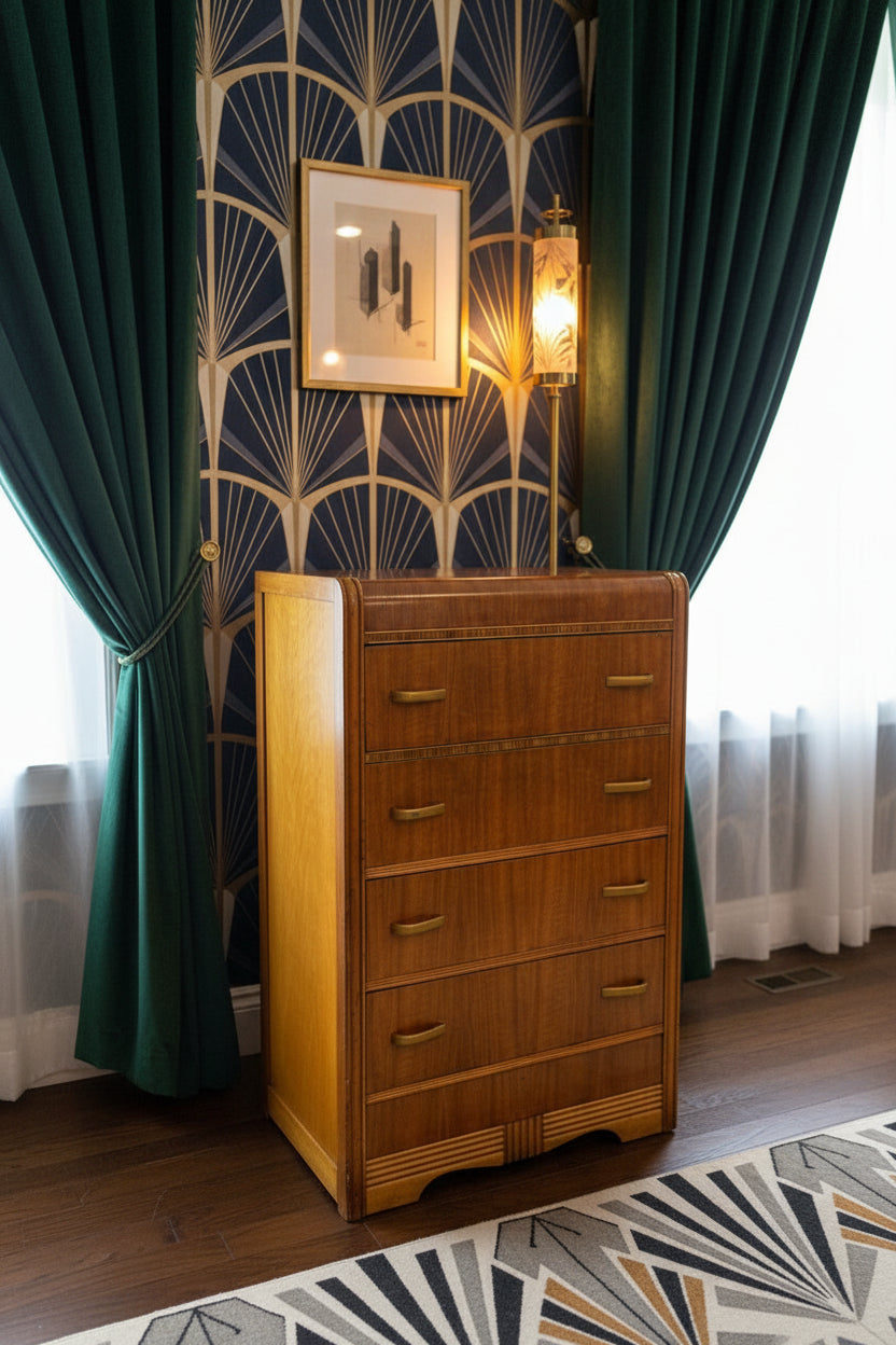 Art Deco Chest of Drawers c. 1938–1942 | Streamline Moderne Vintage Wood Dresser