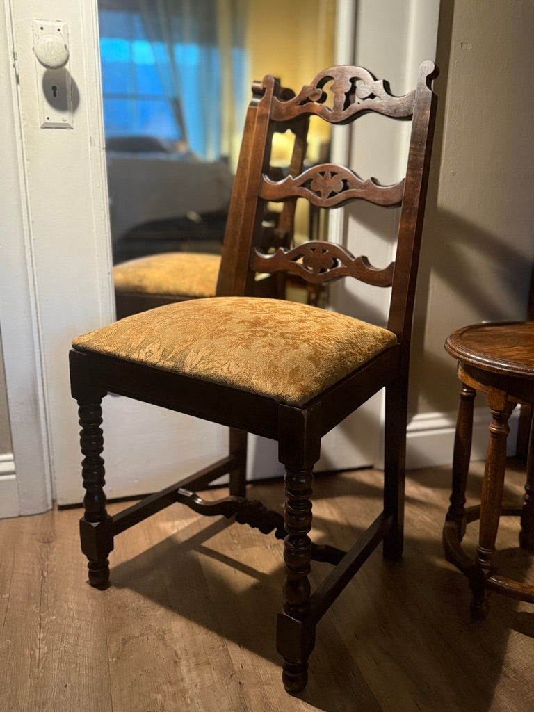 Refurbished English Oak Side Chair – Early 20th Century Carved & Upholstered