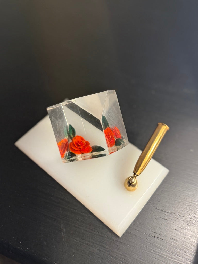 c. 1960s Lucite Rose Desk Pen Holder