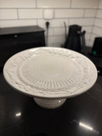 Italian Embossed Whiteware Cake Stand, Harvest Relief, Pedestal Foot, Made in Italy for Over and Back, Contemporary