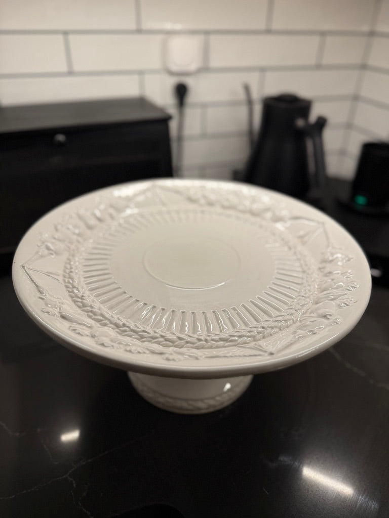Italian Embossed Whiteware Cake Stand, Harvest Relief, Pedestal Foot, Made in Italy for Over and Back, Contemporary