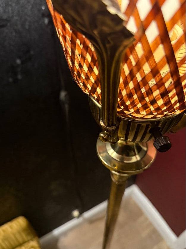 Art Deco Pull-Down Torchiere Floor Lamp – Brass & Amber Glass, c.1935-1950
