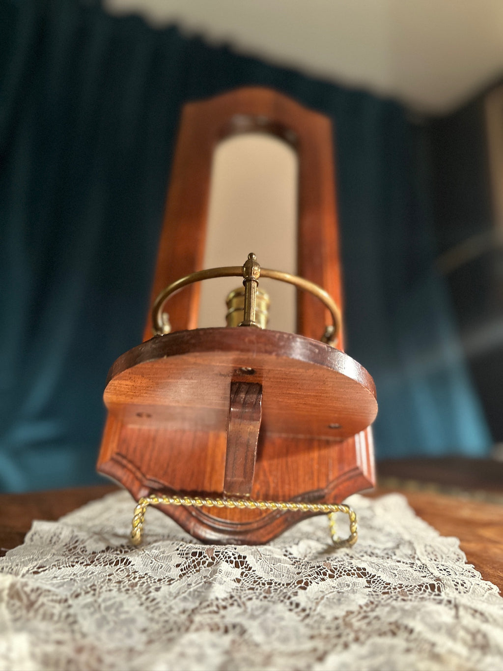 Italian Mirrored Wall Candle Sconce, c. 1950s–1960s | Federal Revival Wood & Brass Candleholder