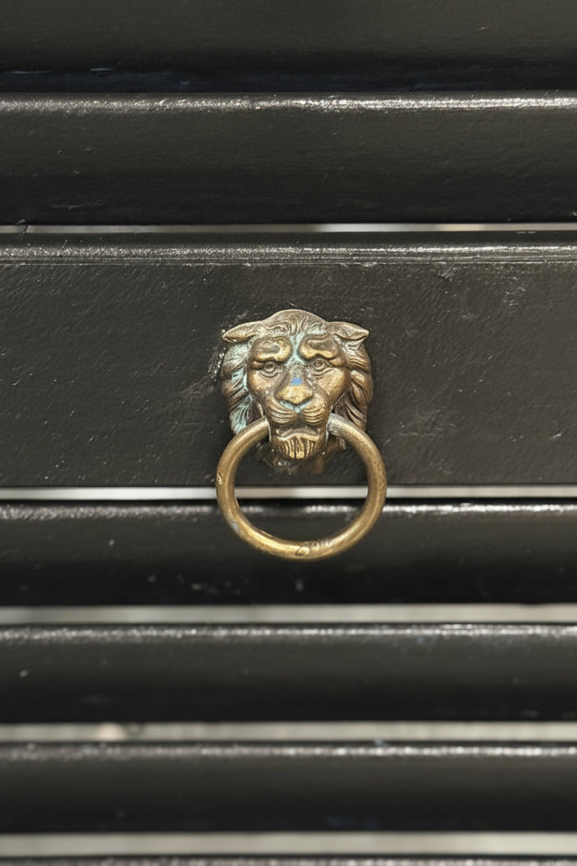 Pair of Vintage Black Louvered Shutters with Aged Brass Lion-Head Pulls, c. 1940s–1950s