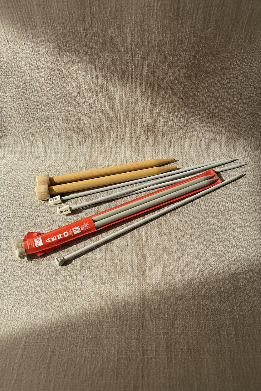 Vintage Mixed Knitting Needle Set in Leather Case c. 1950s-1960s