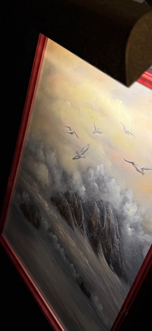 Signed Katrina Coastal Seascape Oil Painting (20th Century) – Misty Shoreline with Seabirds