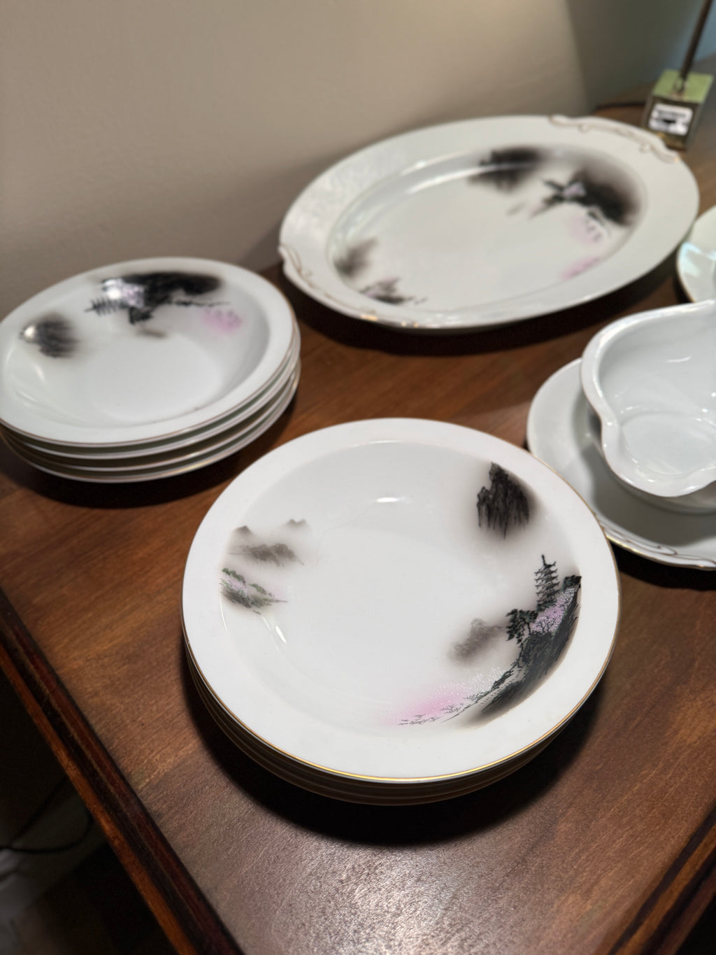 Fukagawa Arita Hand-Painted Porcelain Dinnerware Set, Japan, Late 1940s