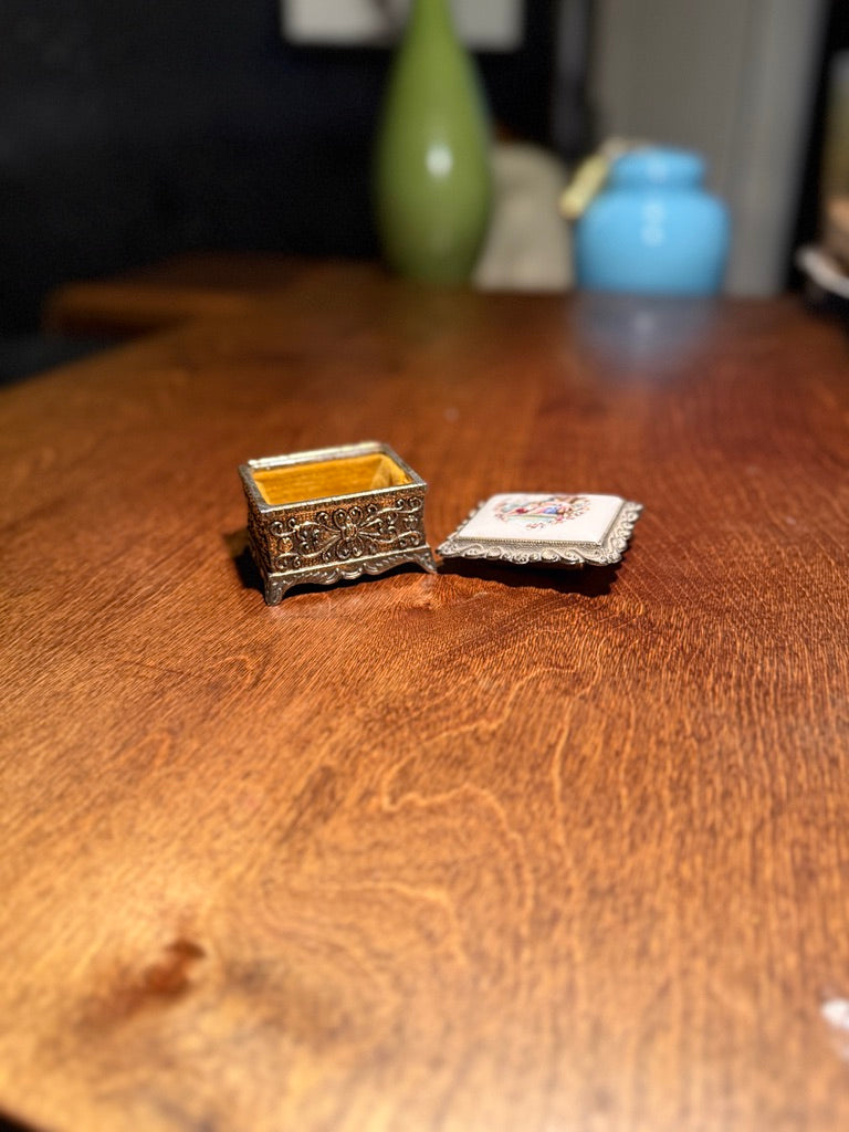 Antique Music Box with Hand-Painted Porcelain Lid and Ornate Metalwork, c. 1890–1915