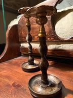 Pair of 1940s Jacobean Revival Barley Twist Wood &amp; Brass Candlesticks