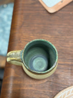 Hand-Thrown Studio Stoneware Mug, Oatmeal and Iron-Speckled Exterior with Turquoise Interior, Impressed Potter's Chop to the Foot, c. 1970s