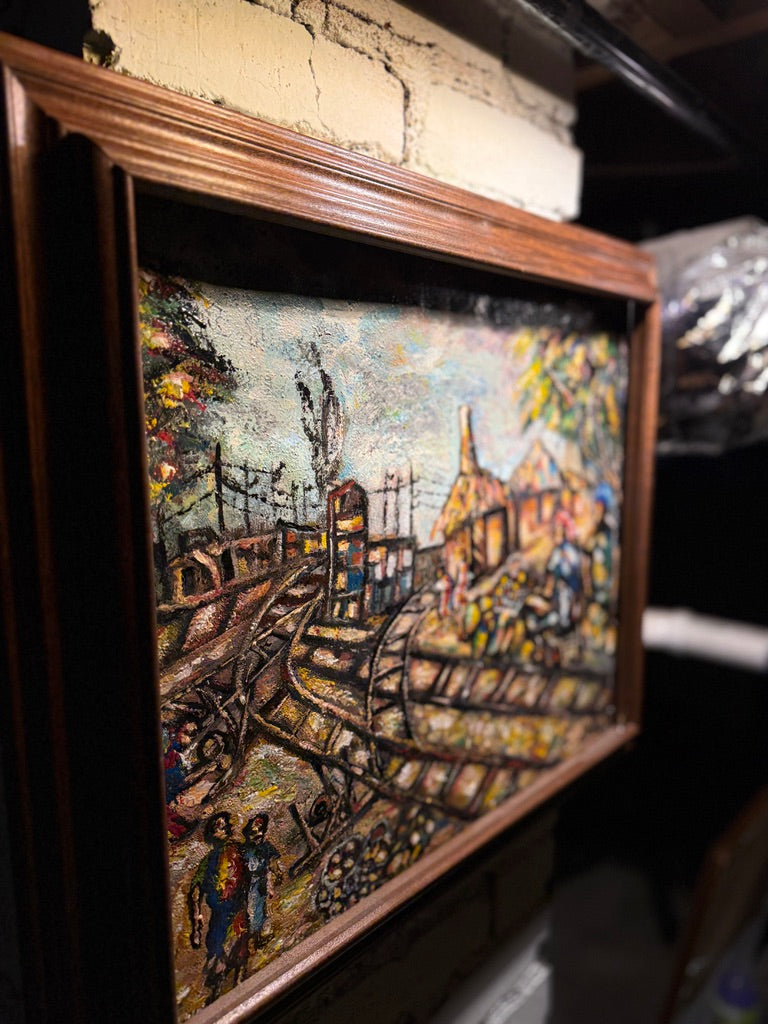 Expressionist Oil Painting of Railroad Village – Signed “Gustave” – Textured Mid-Century Folk Art in Rustic Frame