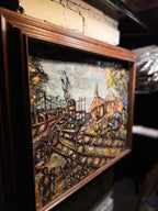 Expressionist Oil Painting of Railroad Village – Signed “Gustave” – Textured Mid-Century Folk Art in Rustic Frame