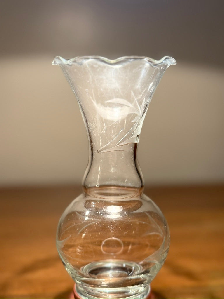 Hand-Blown Glass Bud Vase with Acid-Etched Motif & Solid Brass Base, c. 1920s–1940s