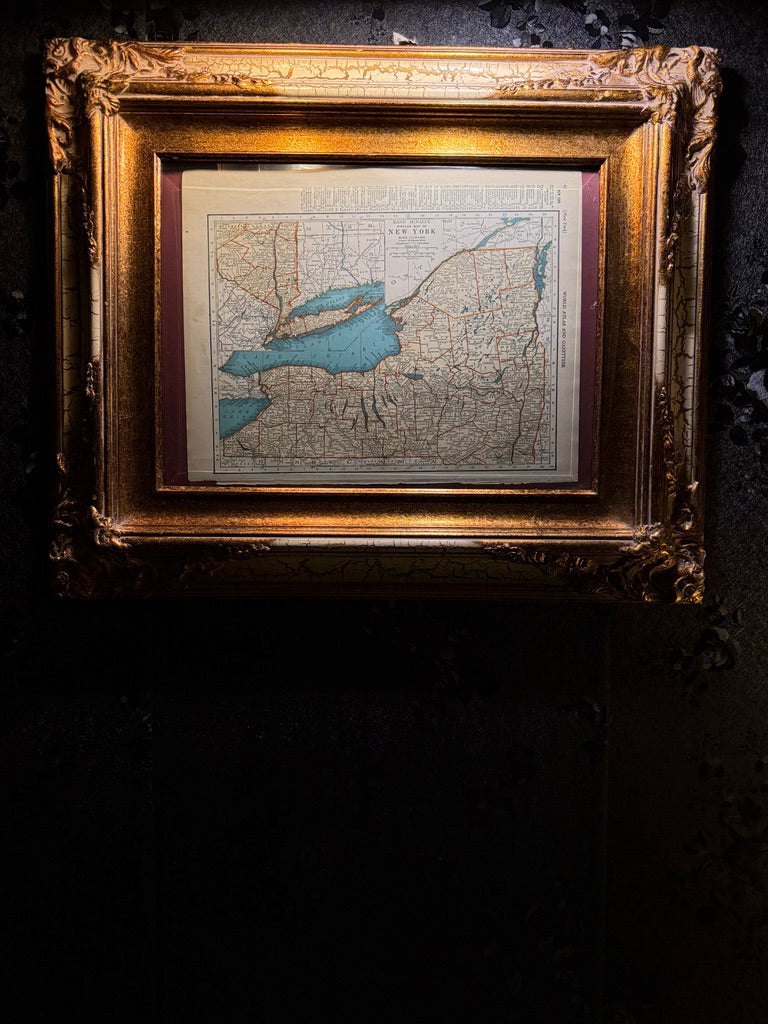 1939 New York State Map from Collier’s World Atlas in Ornate Gilt Frame