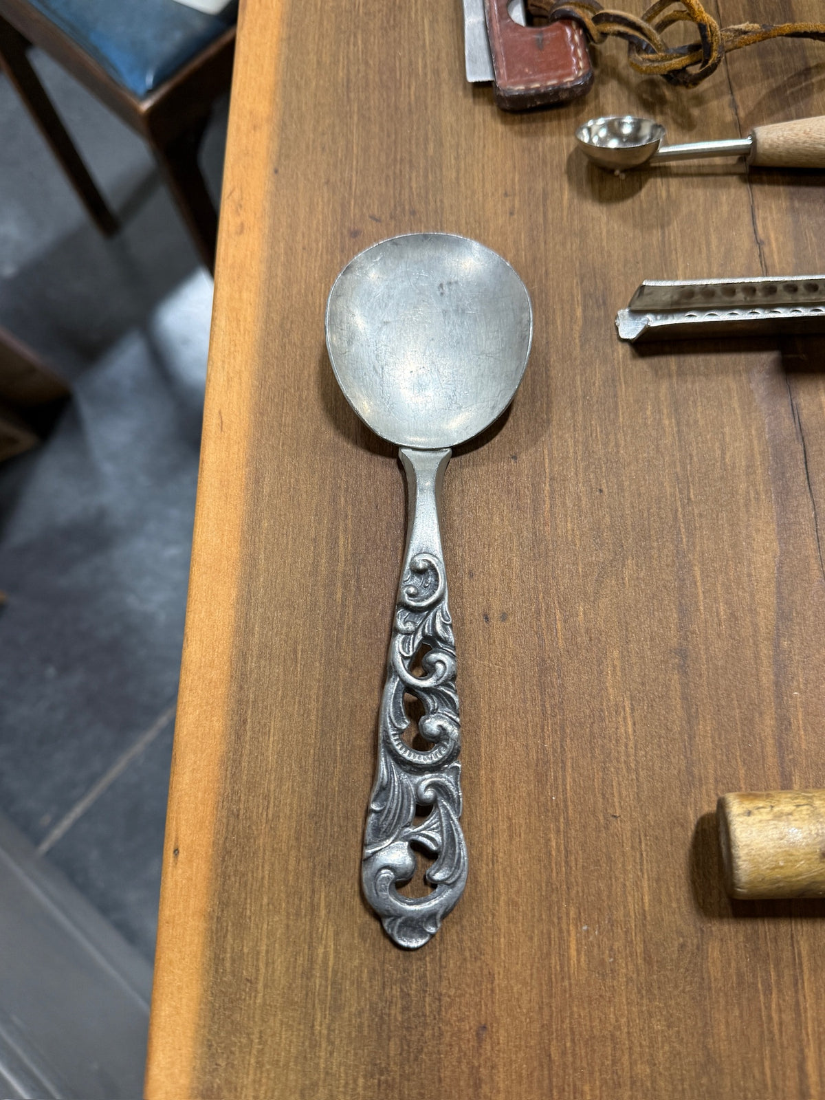 Scandinavian Tinn Pewter Serving Spoon with Openwork Acanthus Handle