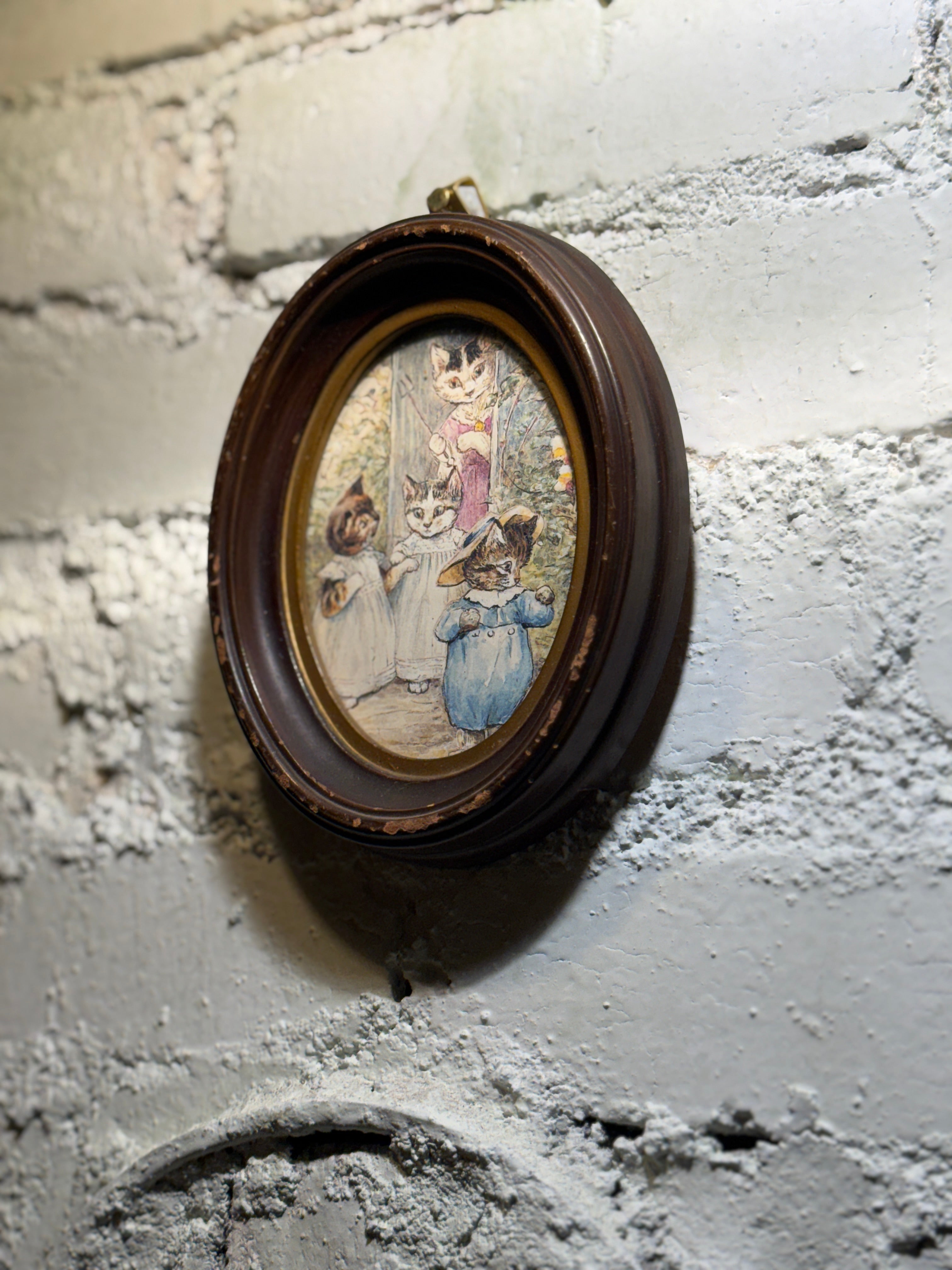 Victorian Anthropomorphic Cat Print in Oval Frame, c.1895–1915