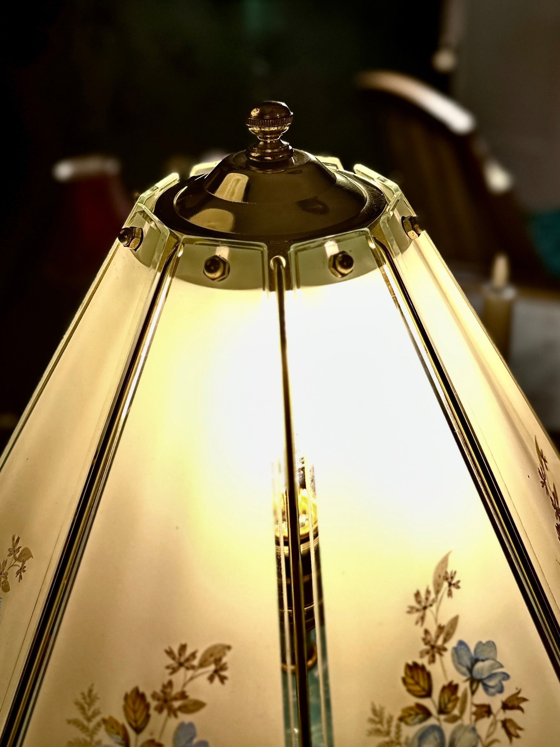 Mid-Century Ceramic Table Lamp with Paneled Floral Shade, c. 1950