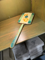 Art Deco Gilt-Metal Hand Mirror, Graduated Green and Cream Enamelled Back with Gold Pinstriping, Stepped Fan Palmette and Reeded Handle, Bevelled Plate, c. 1925–1940