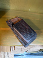 Basketweave-Tooled Leather Double Magazine Pouch, Divided Interior with Three-Position Snap Belt Loop, American Duty Leather, c. 1950–1990