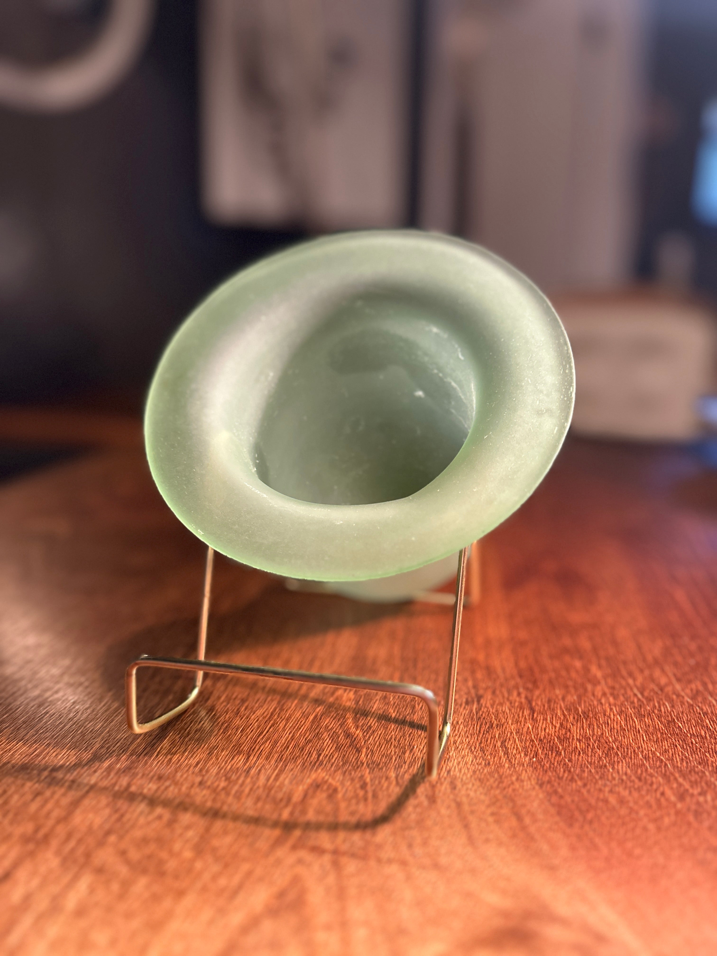 Vintage Frosted Green Art Glass Vase with Brass Stand | Mid-Century Modern Sculptural Vessel
