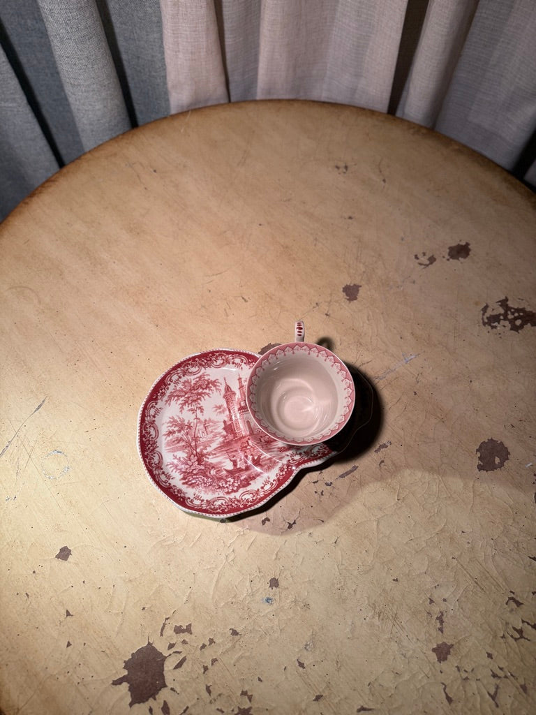 Antique Staffordshire Red Transferware Teacup & Shaped Saucer c. 1890–1910