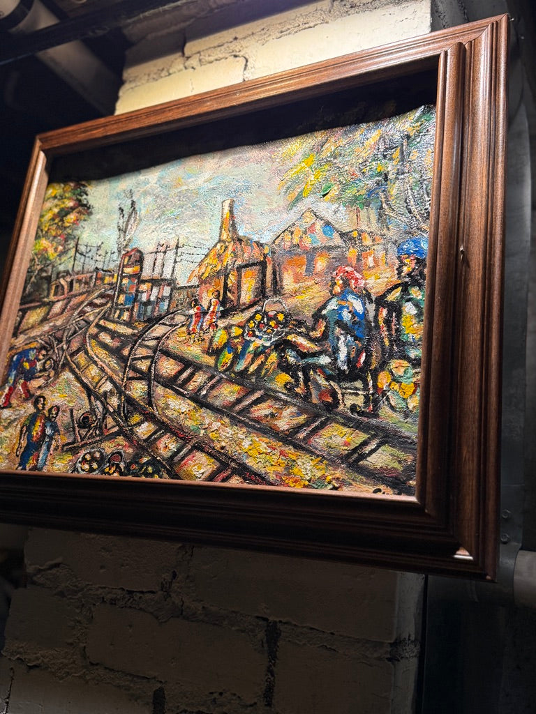 Expressionist Oil Painting of Railroad Village – Signed “Gustave” – Textured Mid-Century Folk Art in Rustic Frame