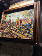 Expressionist Oil Painting of Railroad Village – Signed “Gustave” – Textured Mid-Century Folk Art in Rustic Frame