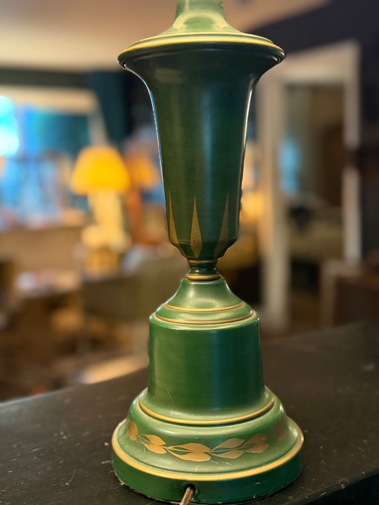 Vintage Emerald Green Toleware Table Lamp with Metal Shade, c. 1950s